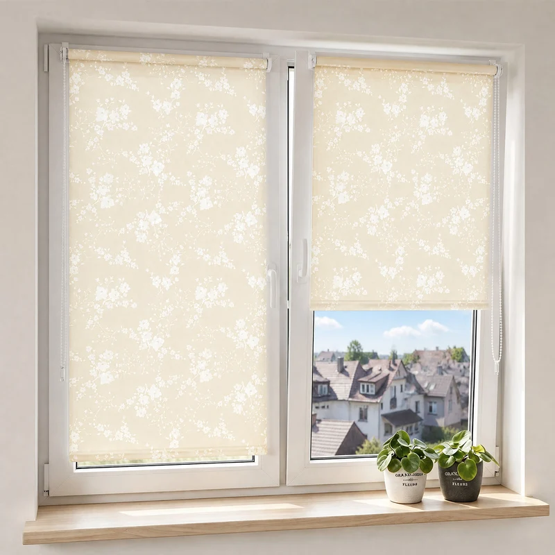 Sekey Klemmfix Rollo Beige mit weißen Blumen, lichtdurchlässiges Seitenzugrollo mit Sichtschutz, stufenlos verstellbar, ohne Bohren, Polyester Rollo für Fenster, verschiedene Größen
