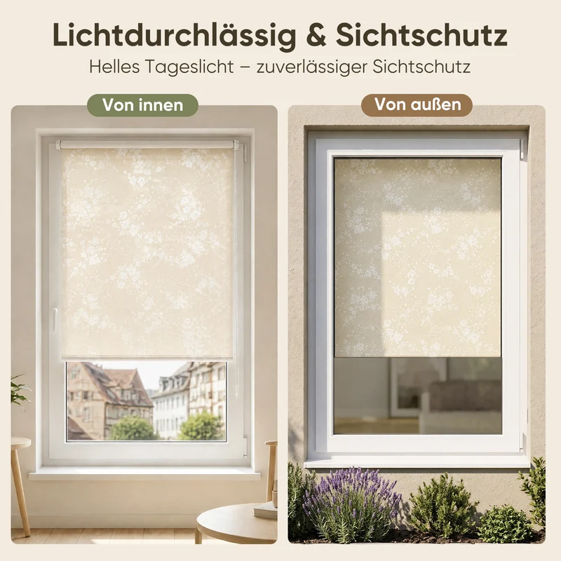 Sekey Klemmfix Rollo Beige mit weißen Blumen, lichtdurchlässiges Seitenzugrollo mit Sichtschutz, stufenlos verstellbar, ohne Bohren, Polyester Rollo für Fenster, verschiedene Größen