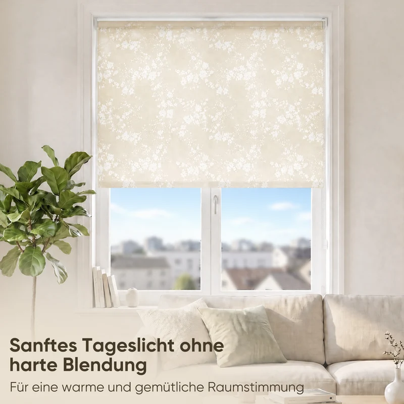 Sekey Klemmfix Rollo Beige mit weißen Blumen, lichtdurchlässiges Seitenzugrollo mit Sichtschutz, stufenlos verstellbar, ohne Bohren, Polyester Rollo für Fenster, verschiedene Größen