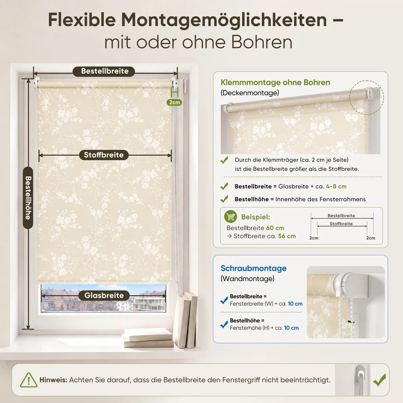 Sekey Klemmfix Rollo Beige mit weißen Blumen, lichtdurchlässiges Seitenzugrollo mit Sichtschutz, stufenlos verstellbar, ohne Bohren, Polyester Rollo für Fenster, verschiedene Größen