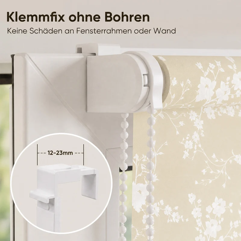 Sekey Klemmfix Rollo Beige mit weißen Blumen, lichtdurchlässiges Seitenzugrollo mit Sichtschutz, stufenlos verstellbar, ohne Bohren, Polyester Rollo für Fenster, verschiedene Größen