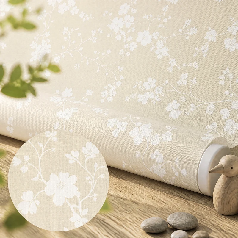 Sekey Klemmfix Rollo Beige mit weißen Blumen, lichtdurchlässiges Seitenzugrollo mit Sichtschutz, stufenlos verstellbar, ohne Bohren, Polyester Rollo für Fenster, verschiedene Größen