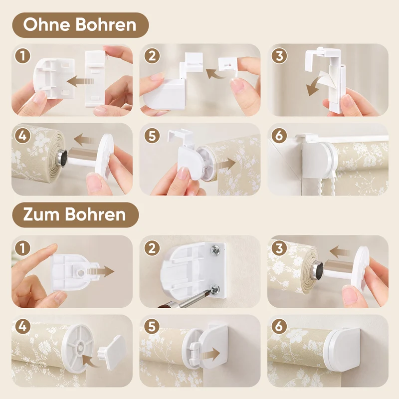 Sekey Klemmfix Rollo Beige mit weißen Blumen, lichtdurchlässiges Seitenzugrollo mit Sichtschutz, stufenlos verstellbar, ohne Bohren, Polyester Rollo für Fenster, verschiedene Größen