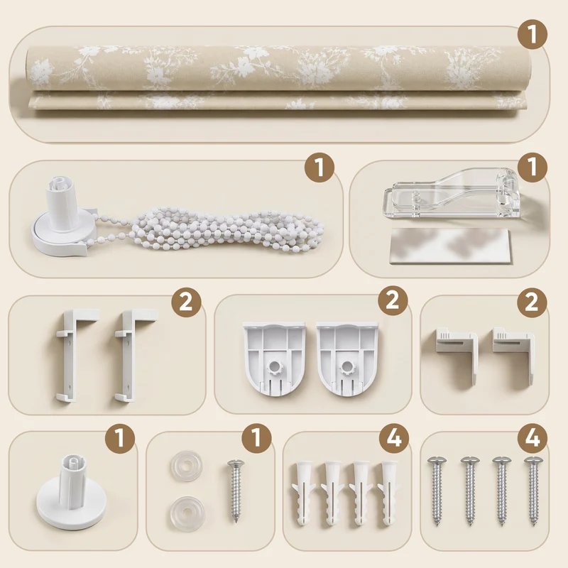 Sekey Klemmfix Rollo Beige mit weißen Blumen, lichtdurchlässiges Seitenzugrollo mit Sichtschutz, stufenlos verstellbar, ohne Bohren, Polyester Rollo für Fenster, verschiedene Größen