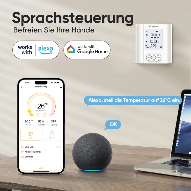 Salcar T5W WLAN Raumthermostat Smart Thermostat – Programmierbares WiFi Heizungsthermostat mit Luftfeuchtigkeit, Tuya App & Wochenprogramm, für Fußbodenheizung und Warmwasser
