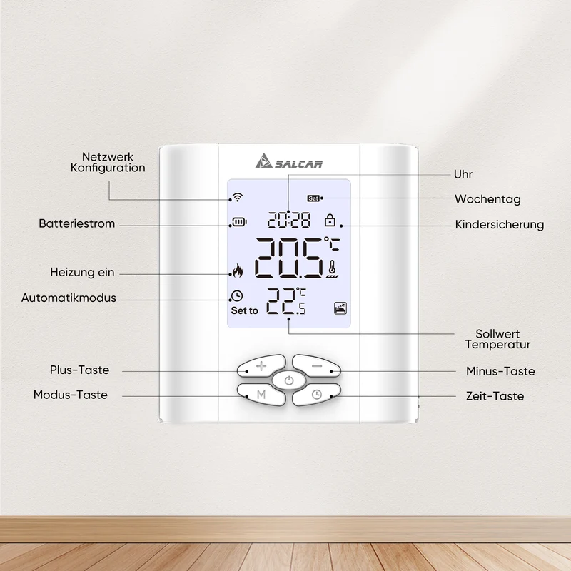 Salcar T5W WLAN Raumthermostat Smart Thermostat – Programmierbares WiFi Heizungsthermostat mit Luftfeuchtigkeit, Tuya App & Wochenprogramm, für Fußbodenheizung und Warmwasser