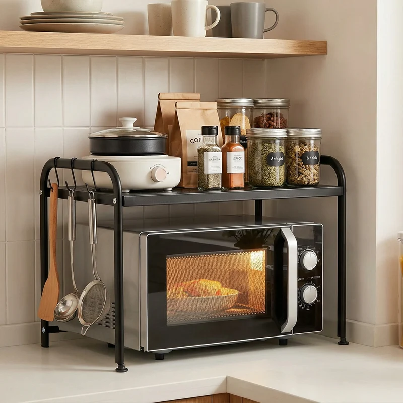 Sekey Mikrowellenregal 59 × 36 × 42,5 cm – Küchenregal aus Metall mit Ablage & 3 Haken, Mikrowellenständer für mehr Stauraum, Schwarz
