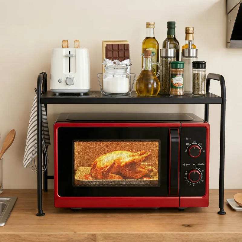 Sekey Mikrowellenregal 59 × 36 × 42,5 cm – Küchenregal aus Metall mit Ablage & 3 Haken, Mikrowellenständer für mehr Stauraum, Schwarz