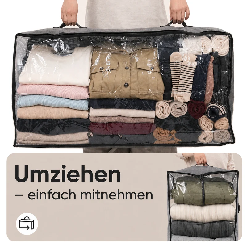 Sekey Unterbett-Aufbewahrungstasche 110L – Faltbare Aufbewahrungsbox mit transparentem Deckel, Doppelreißverschluss & 4 Tragegriffen, 100 × 50 × 19 cm, für Kleidung, Bettwäsche & Decken