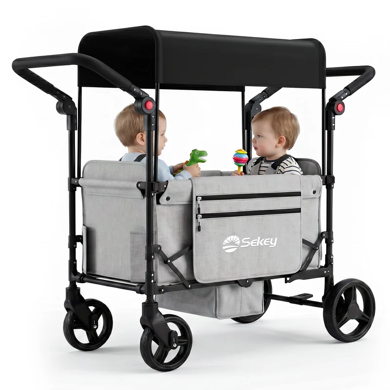 Sekey Bollerwagen faltbar mit Dach für 1–2 Kinder – Kinderwagen mit XXL-Rädern, 5-Punkt-Gurt & flexibler Sitz-/Liegefläche, bis 110 kg, Serie SS9090