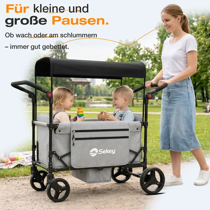 Sekey Bollerwagen faltbar mit Dach für 1–2 Kinder – Kinderwagen mit XXL-Rädern, 5-Punkt-Gurt & flexibler Sitz-/Liegefläche, bis 110 kg, Serie SS9090