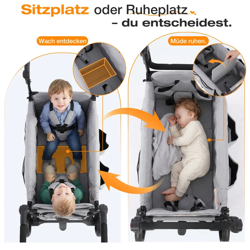 Sekey Bollerwagen faltbar mit Dach für 1–2 Kinder – Kinderwagen mit XXL-Rädern, 5-Punkt-Gurt & flexibler Sitz-/Liegefläche, bis 110 kg, Serie SS9090