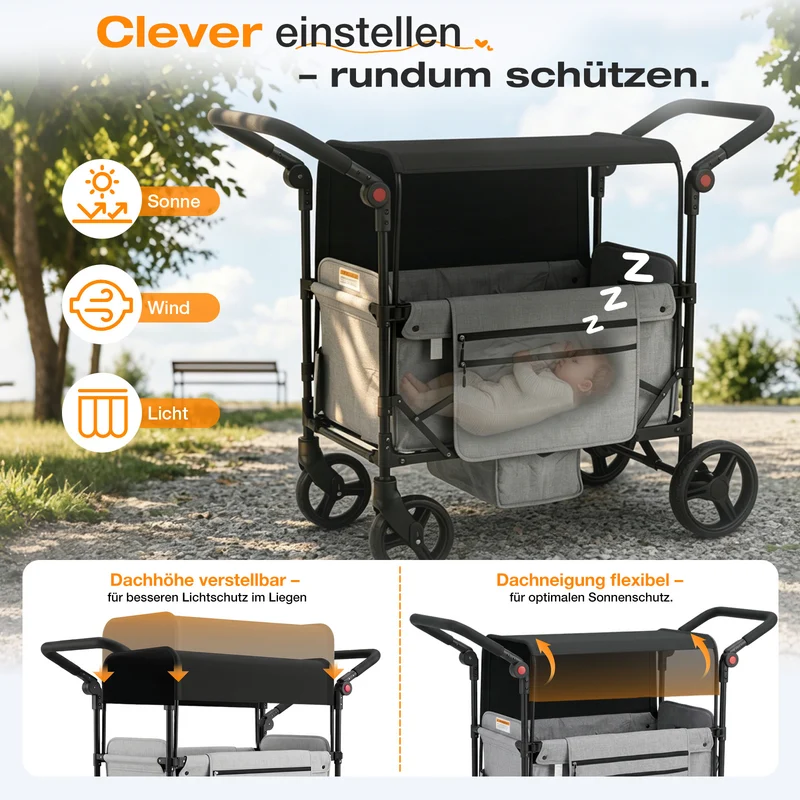 Sekey Bollerwagen faltbar mit Dach für 1–2 Kinder – Kinderwagen mit XXL-Rädern, 5-Punkt-Gurt & flexibler Sitz-/Liegefläche, bis 110 kg, Serie SS9090