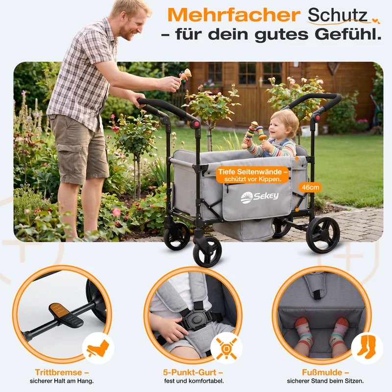 Sekey Bollerwagen faltbar mit Dach für 1–2 Kinder – Kinderwagen mit XXL-Rädern, 5-Punkt-Gurt & flexibler Sitz-/Liegefläche, bis 110 kg, Serie SS9090