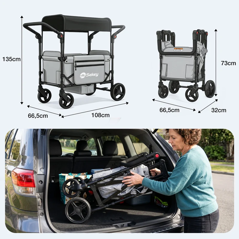Sekey Bollerwagen faltbar mit Dach für 1–2 Kinder – Kinderwagen mit XXL-Rädern, 5-Punkt-Gurt & flexibler Sitz-/Liegefläche, bis 110 kg, Serie SS9090
