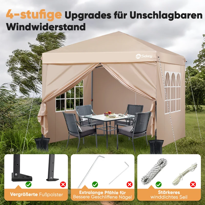 Sekey Premium Pop-Up Pavillon 3×3 m – Wasserdicht & Stabil, Faltpavillon mit Seitenwänden, Höhenverstellbar 250–270 cm