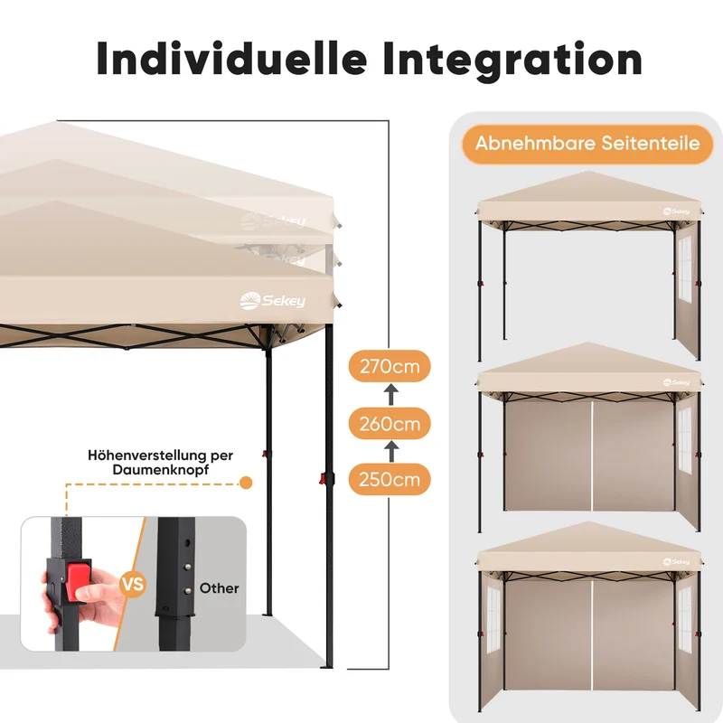Sekey Premium Pop-Up Pavillon 3×3 m – Wasserdicht & Stabil, Faltpavillon mit Seitenwänden, Höhenverstellbar 250–270 cm