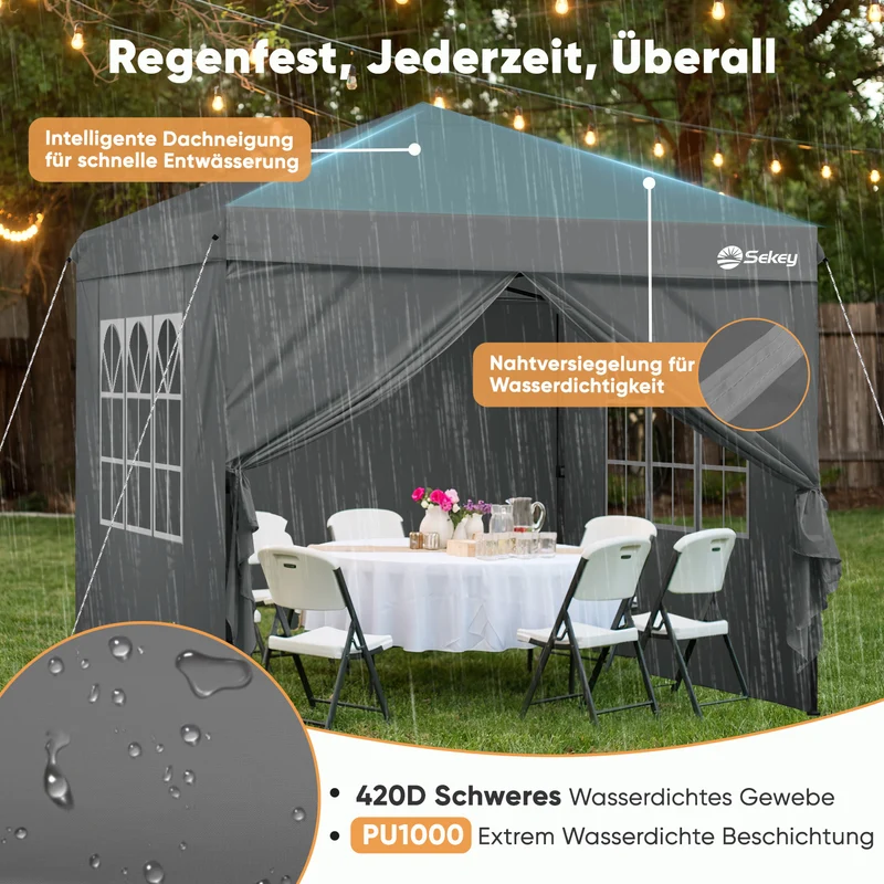Sekey Premium Pop-Up Pavillon 3×3 m – Wasserdicht & Stabil, Faltpavillon mit Seitenwänden, Höhenverstellbar 250–270 cm