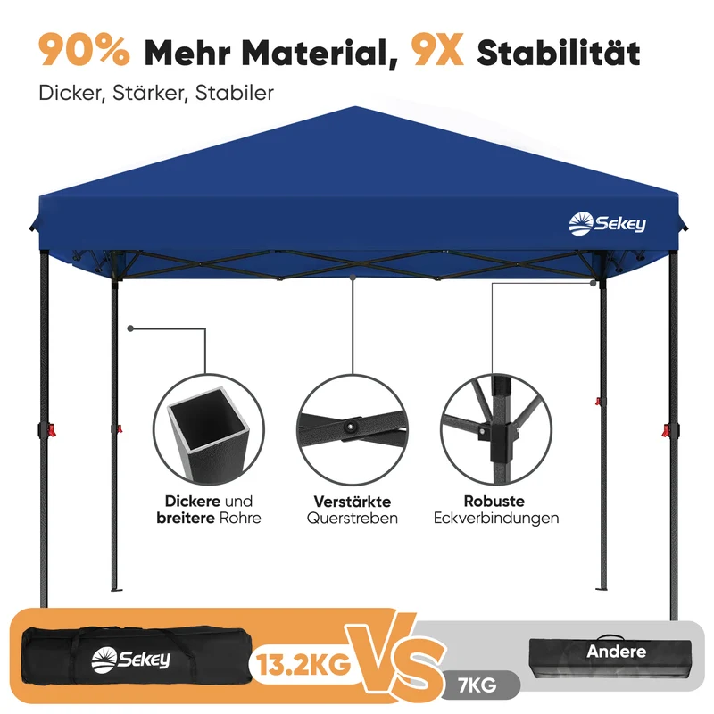 Sekey Premium Pop-Up Pavillon 3×3 m – Wasserdicht & Stabil, Faltpavillon mit Seitenwänden, Höhenverstellbar 250–270 cm