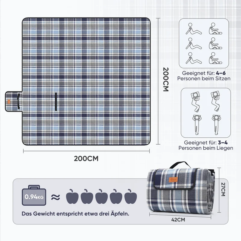 Sekey XXL Picknickdecke 200x200 cm – Waschbare & Schmutzabweisende Camping- und Stranddecke, Faltbar & Bequem für Outdoor, Park & Wiese