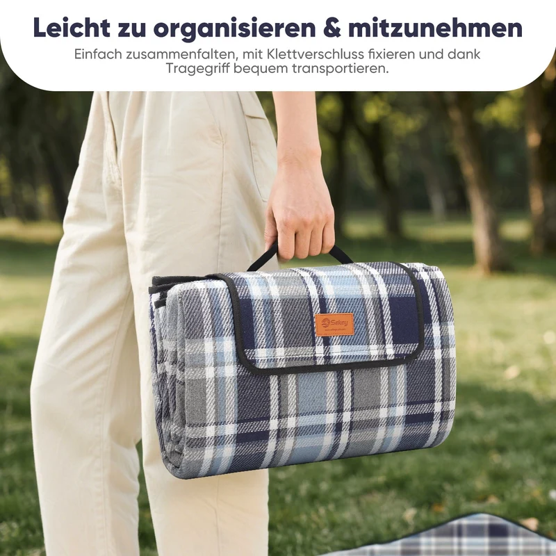 Sekey XXL Picknickdecke 200x200 cm – Waschbare & Schmutzabweisende Camping- und Stranddecke, Faltbar & Bequem für Outdoor, Park & Wiese