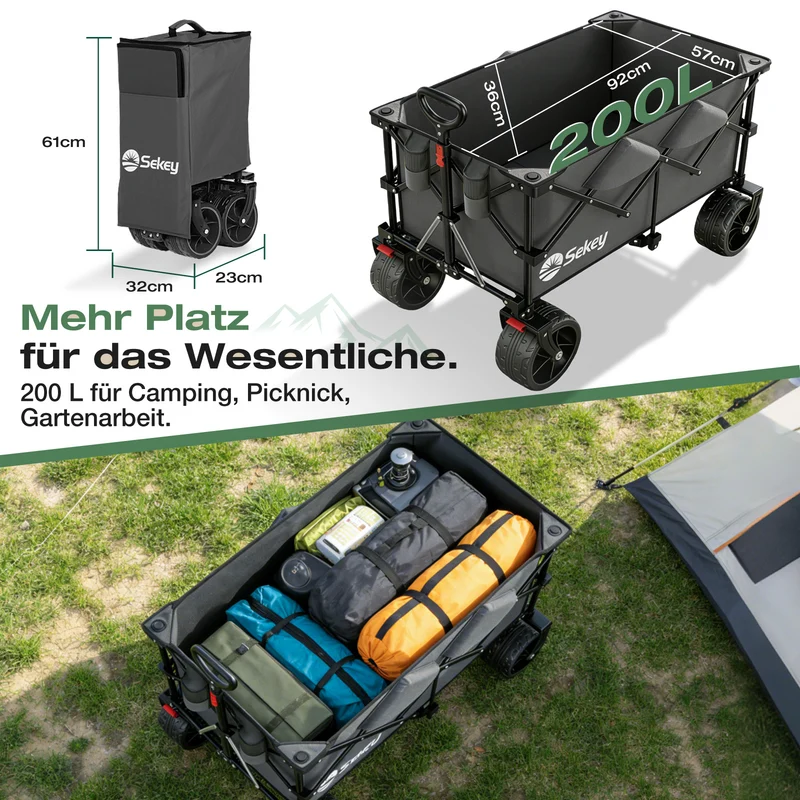 Sekey XXL Plus Faltbollerwagen 200 L, Bis 200 kg belastbar, Extra breite All-Terrain-Räder, patentierter 4-Wege-Sofortaufbau, 4032