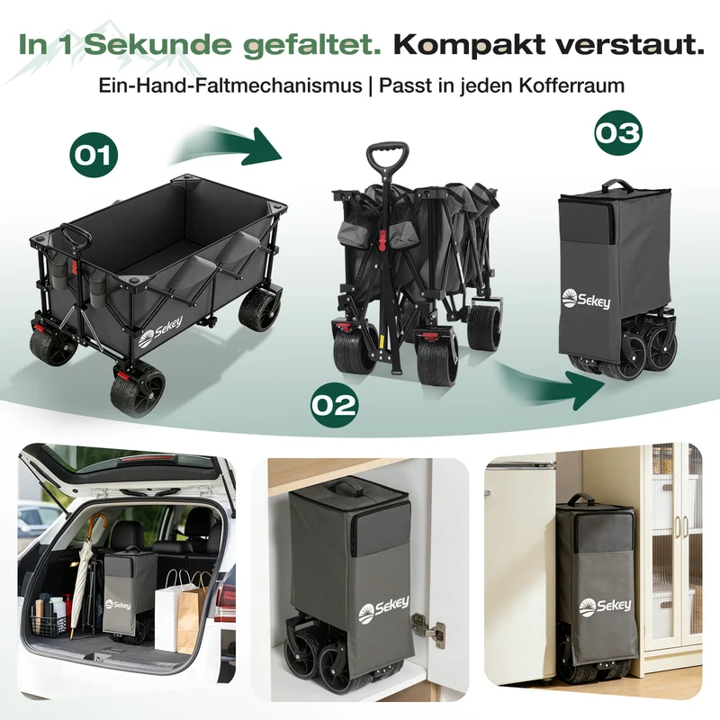 Sekey XXL Plus Faltbollerwagen 200 L, Bis 200 kg belastbar, Extra breite All-Terrain-Räder, patentierter 4-Wege-Sofortaufbau, 4032