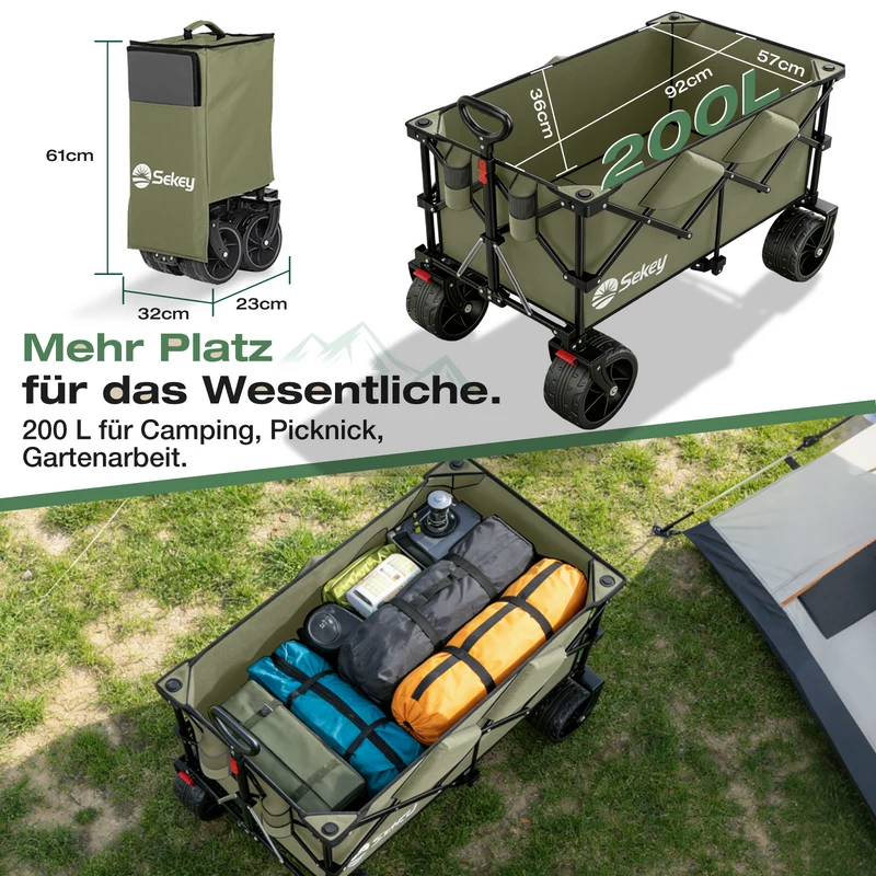 Sekey XXL Plus Faltbollerwagen 200 L, Bis 200 kg belastbar, Extra breite All-Terrain-Räder, patentierter 4-Wege-Sofortaufbau, 4032
