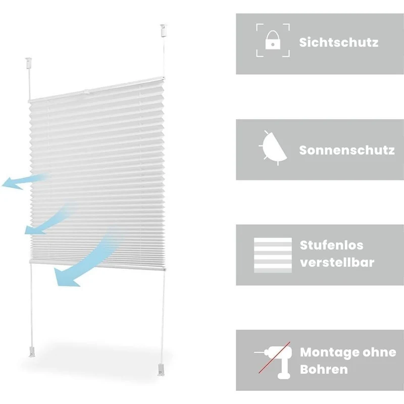 Sekey Plissee ohne Bohren, Lichtdurchlässiges Fensterplissee aus Vliesstoff, Klemmfix Jalousie, Weiß