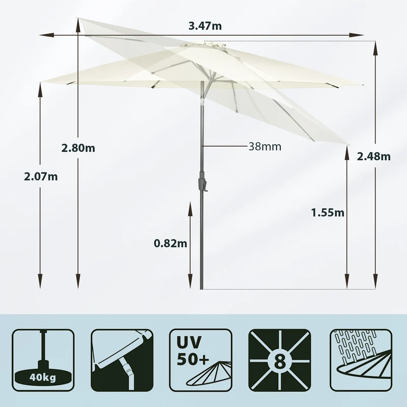 Sekey Runde Sonnenschirm Ø 350 cm mit Kurbel & Auto-Knickfunktion Windstabil, UPF 50+ Für Balkon, Terrasse & Garten Recyceltes Polyester (GRS-zertifiziert)