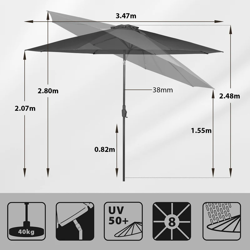 Sekey Runde Sonnenschirm Ø 350 cm mit Kurbel & Auto-Knickfunktion Windstabil, UPF 50+ Für Balkon, Terrasse & Garten Recyceltes Polyester (GRS-zertifiziert)