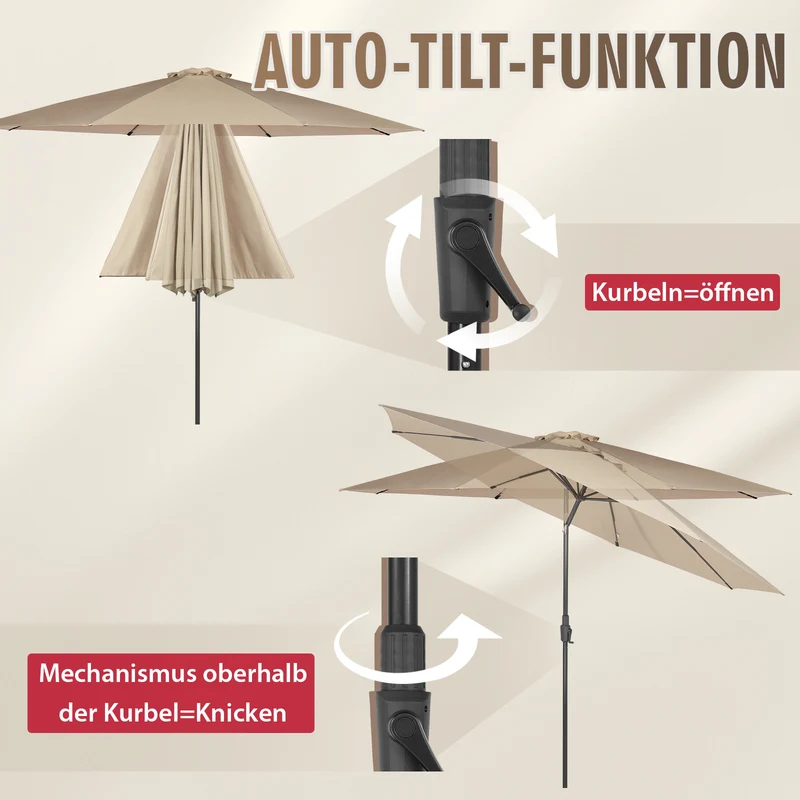 Sekey Runde Sonnenschirm Ø 350 cm mit Kurbel & Auto-Knickfunktion Windstabil, UPF 50+ Für Balkon, Terrasse & Garten Recyceltes Polyester (GRS-zertifiziert)