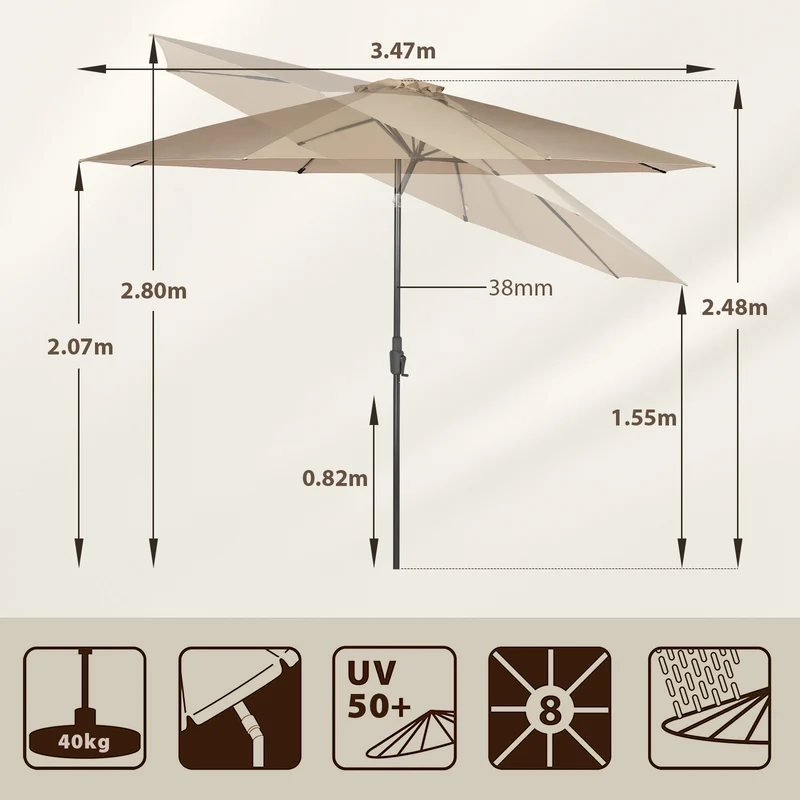 Sekey Runde Sonnenschirm Ø 350 cm mit Kurbel & Auto-Knickfunktion Windstabil, UPF 50+ Für Balkon, Terrasse & Garten Recyceltes Polyester (GRS-zertifiziert)
