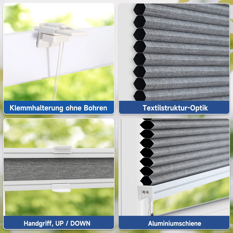 Sekey Wabenplissee ohne Bohren, 100 % Verdunkelung, blickdichtes Klemmfix Plissee in Textiloptik, Grau