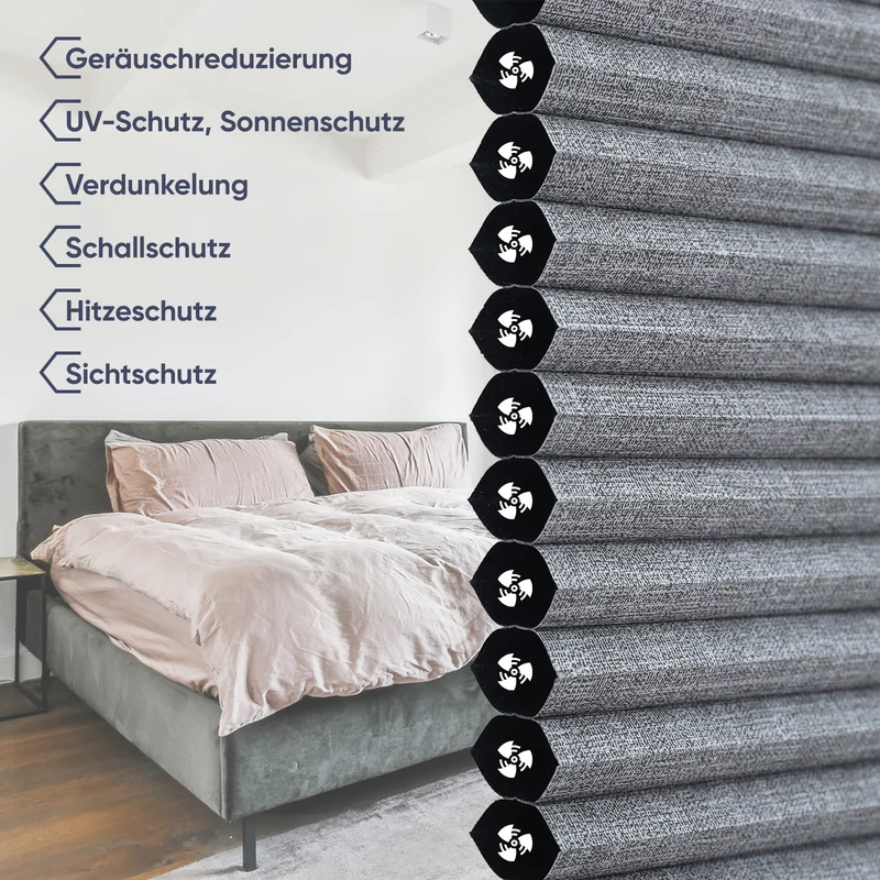 Sekey Wabenplissee ohne Bohren, 100 % Verdunkelung, blickdichtes Klemmfix Plissee in Textiloptik, Grau