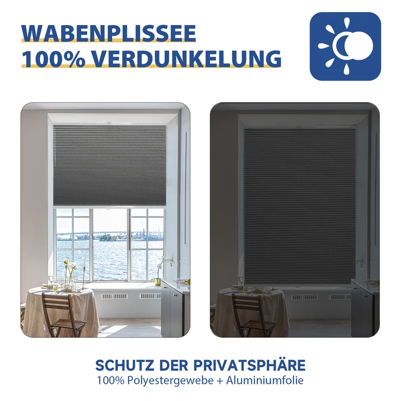 Sekey Wabenplissee ohne Bohren, 100 % Verdunkelung, blickdichtes Klemmfix Plissee in Textiloptik, Grau
