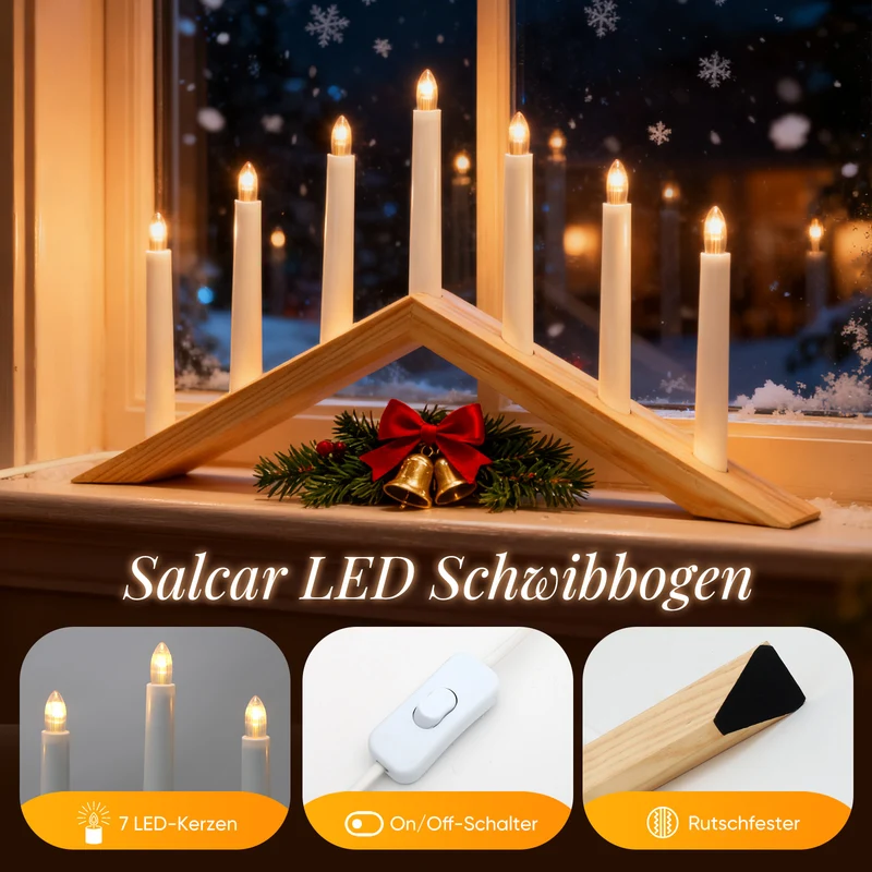 Salcar LED Holz-Schwibbogen 52 cm mit 7 warmweißen LED-Kerzen – Weihnachts Lichterbogen aus Holz, Fensterdeko & Tischbeleuchtung mit Netzstecker
