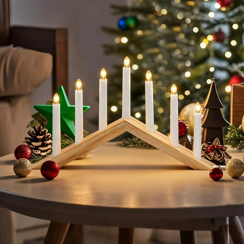 Salcar LED Holz-Schwibbogen 52 cm mit 7 warmweißen LED-Kerzen – Weihnachts Lichterbogen aus Holz, Fensterdeko & Tischbeleuchtung mit Netzstecker