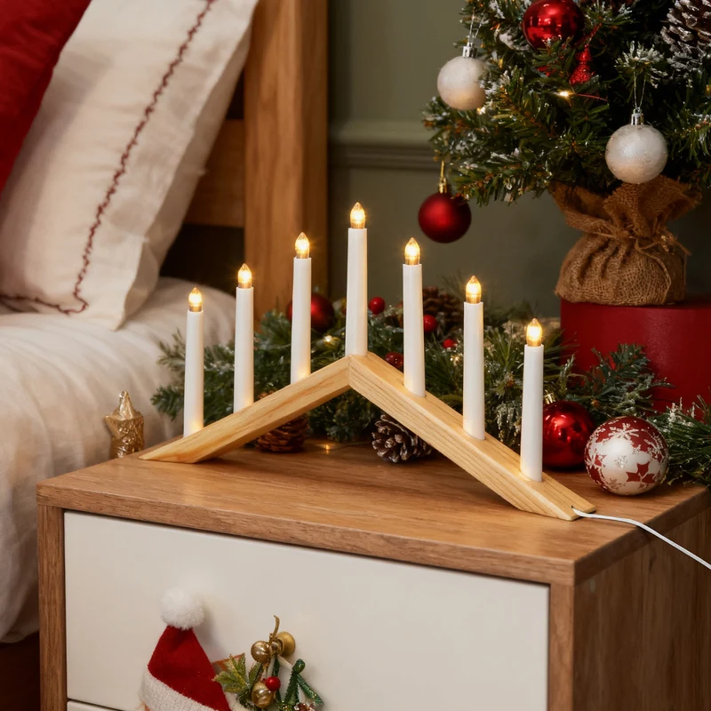 Salcar LED Holz-Schwibbogen 52 cm mit 7 warmweißen LED-Kerzen – Weihnachts Lichterbogen aus Holz, Fensterdeko & Tischbeleuchtung mit Netzstecker