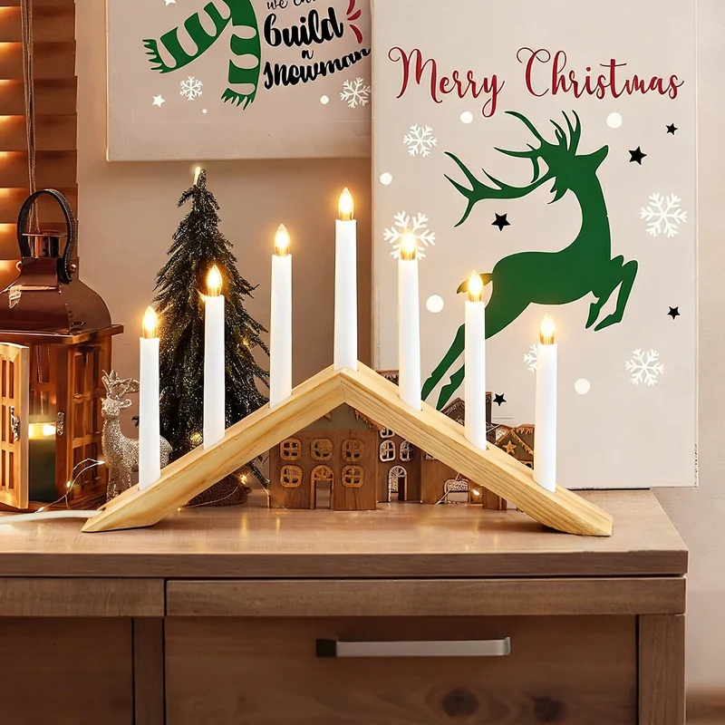 Salcar LED Holz-Schwibbogen 52 cm mit 7 warmweißen LED-Kerzen – Weihnachts Lichterbogen aus Holz, Fensterdeko & Tischbeleuchtung mit Netzstecker