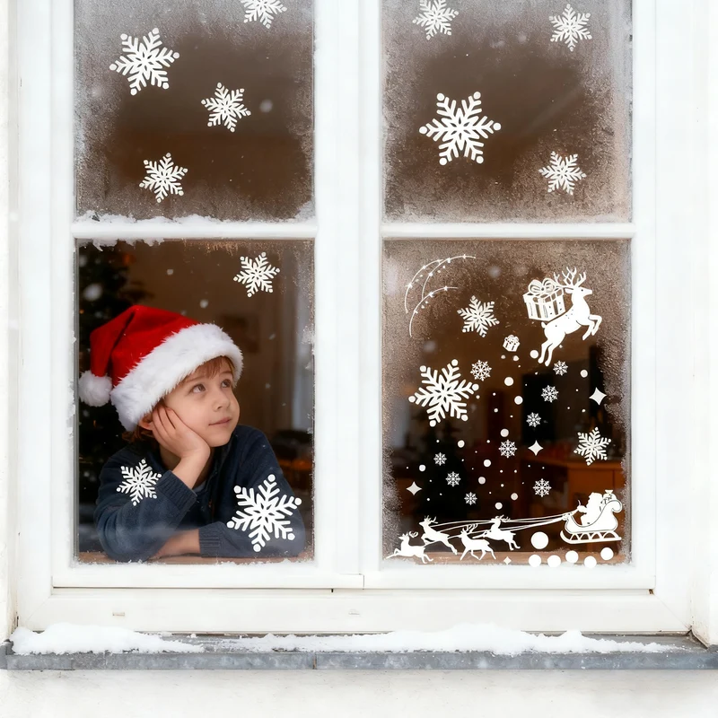 Salcar Fensterbild Weihnachten – Selbstklebende Fensteraufkleber für Winterdeko, Beidseitig sichtbar, Wiederverwendbar – Tannenbäume, Schneeflocken & Rentiere