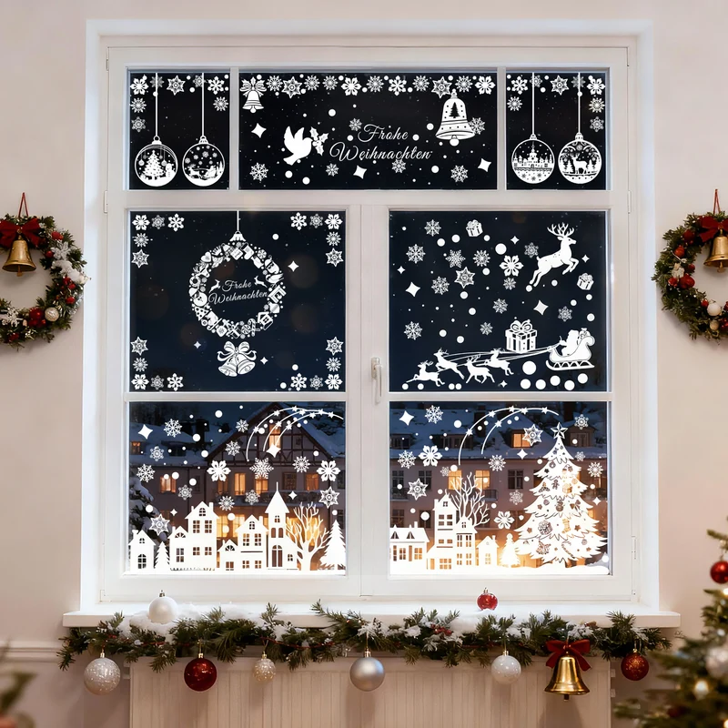 Salcar Fensterbild Weihnachten – Selbstklebende Fensteraufkleber für Winterdeko, Beidseitig sichtbar, Wiederverwendbar – Tannenbäume, Schneeflocken & Rentiere