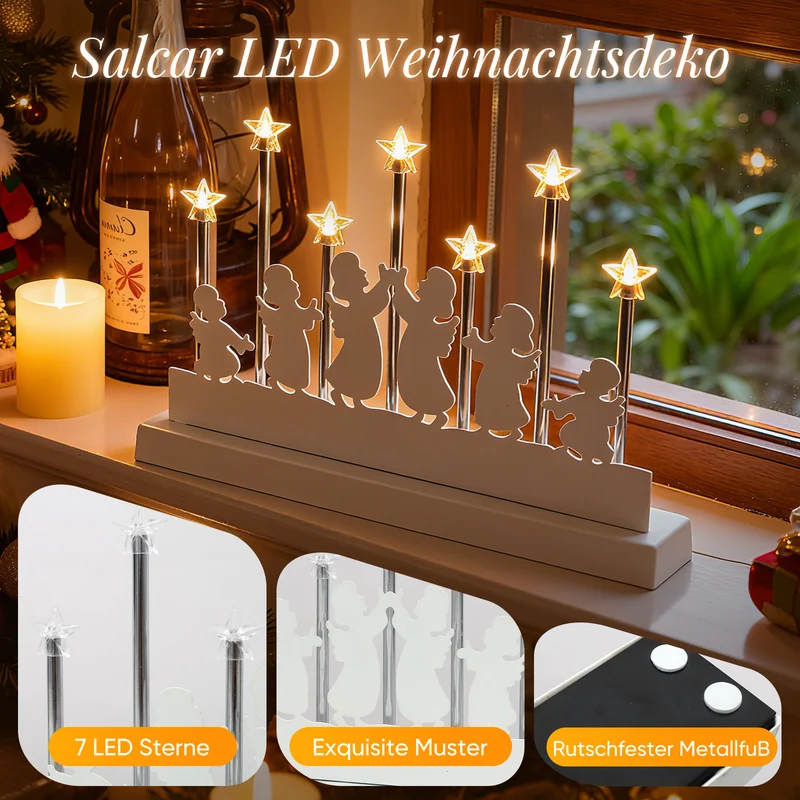 Salcar LED Lichterbogen mit 7 Sternen & 6 Engeln – Warmweißes Licht, Batteriebetrieben mit Timer – Weihnachtsdeko für Tisch & Fenster, ca. 32 cm