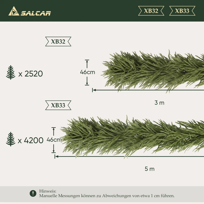 Salcar Künstliche Tannengirlande aus 100 % PE – Naturgetreue Weihnachtsgirlande, extra dicht, 3 m / 5 m
