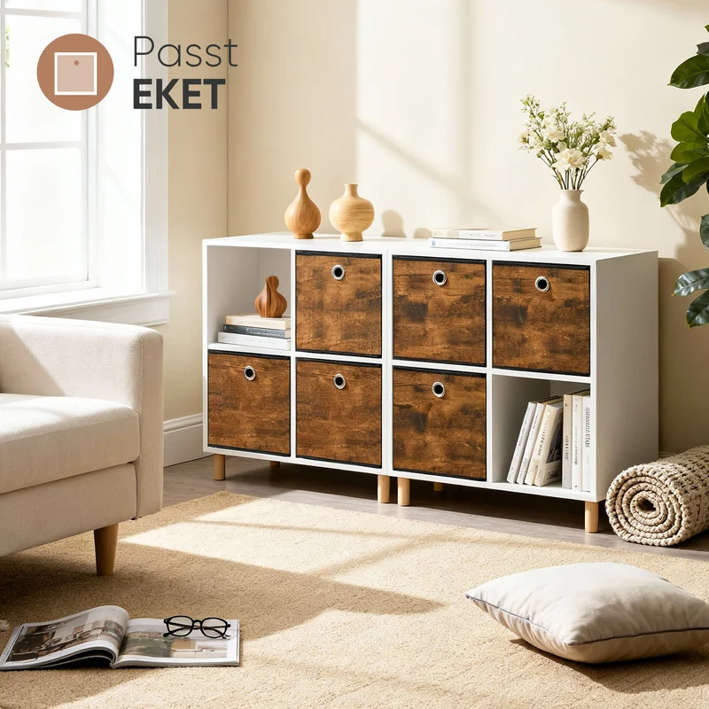 Sekey Aufbewahrungsboxen 6er Set in Holzoptik | Stoffboxen 30 × 30 × 30 cm natürliches Design & stabile Struktur