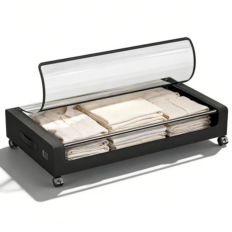 Sekey Unterbett-Aufbewahrungsbox mit Rollen 78 × 44 × 14 cm, Metallrahmen & PVC-Fenster für Kleidung & Bettwäsche