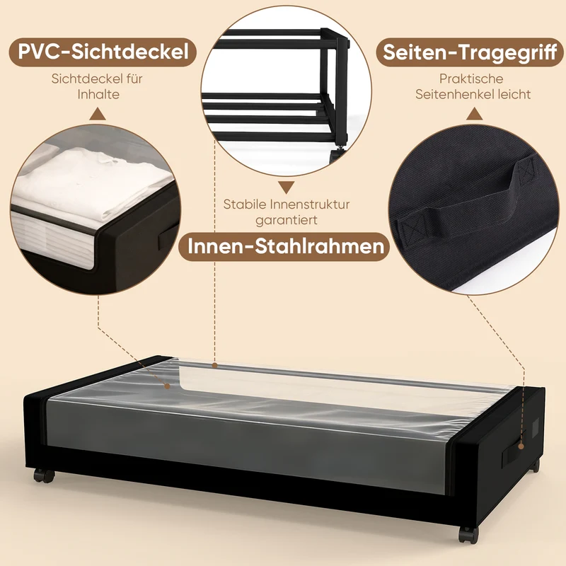 Sekey Unterbett-Aufbewahrungsbox mit Rollen 78 × 44 × 14 cm, Metallrahmen & PVC-Fenster für Kleidung & Bettwäsche