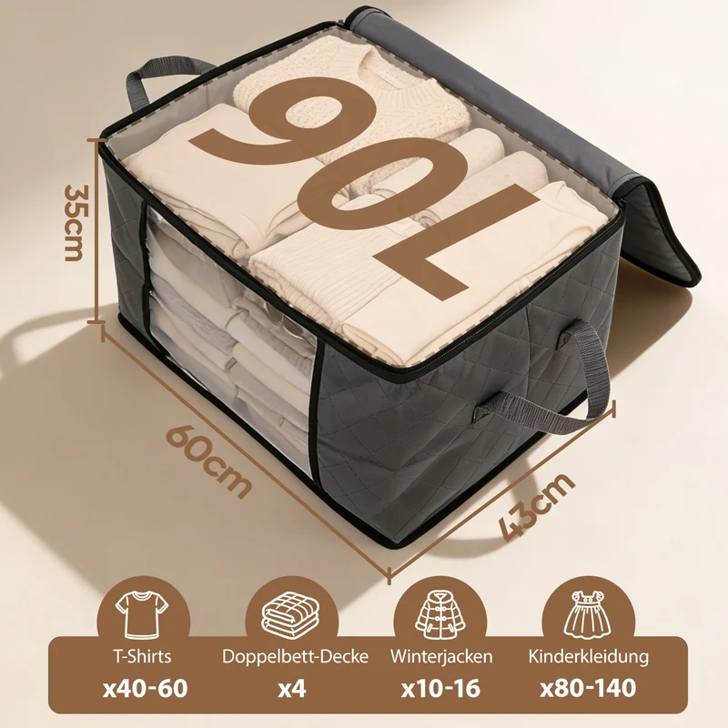 Sekey Unterbett-Aufbewahrungsboxen 60L & 90L Set für Kleidung, Bettwäsche und saisonale Textilien, Staub- und Feuchtigkeitsschutz