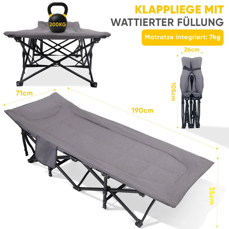 Sekey Feldbett Campingbett Klappbar 190×71×35 cm | 200 kg belastbar | inkl. Matratze & 3-in-1-Seitentasche | Faltbares Gästebett für Camping, Garten & Reise