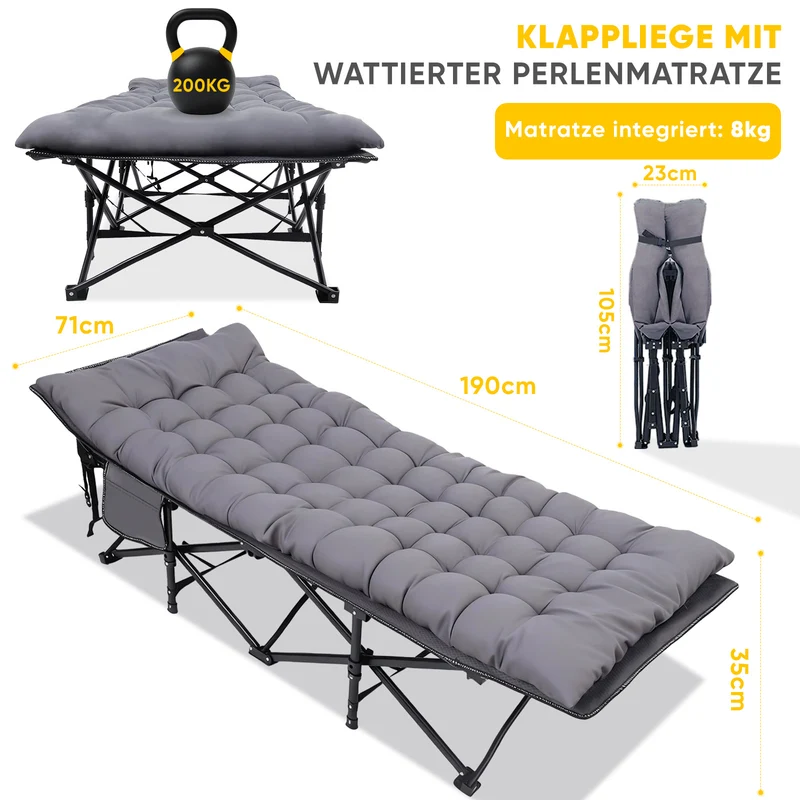 Sekey XXL Feldbett Klappbar 190×71×35 cm überbreit | Stahlrahmen bis 200 kg | 1200D Oxford | Inkl. abnehmbarer Matratze & Seitentasche Ideal für Camping & Gäste
